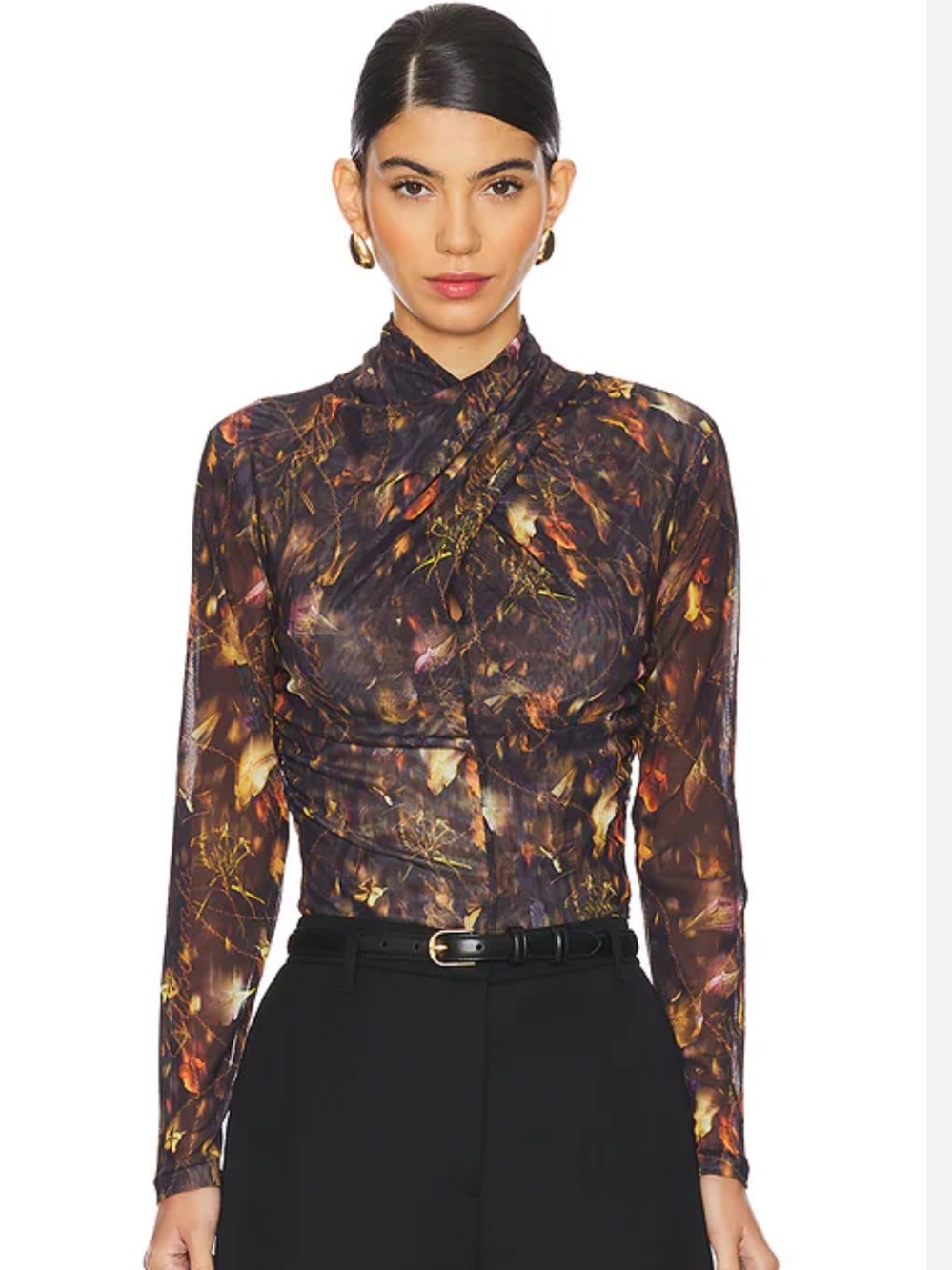 All Saints Tia Mesh Top Black Floral Ruched Mock Neck 8